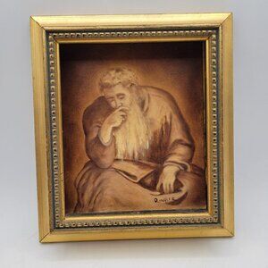 Vintage Sepia-Toned Framed Oil on Canvas Based on Michelangelo’s Jeremiah Fresco